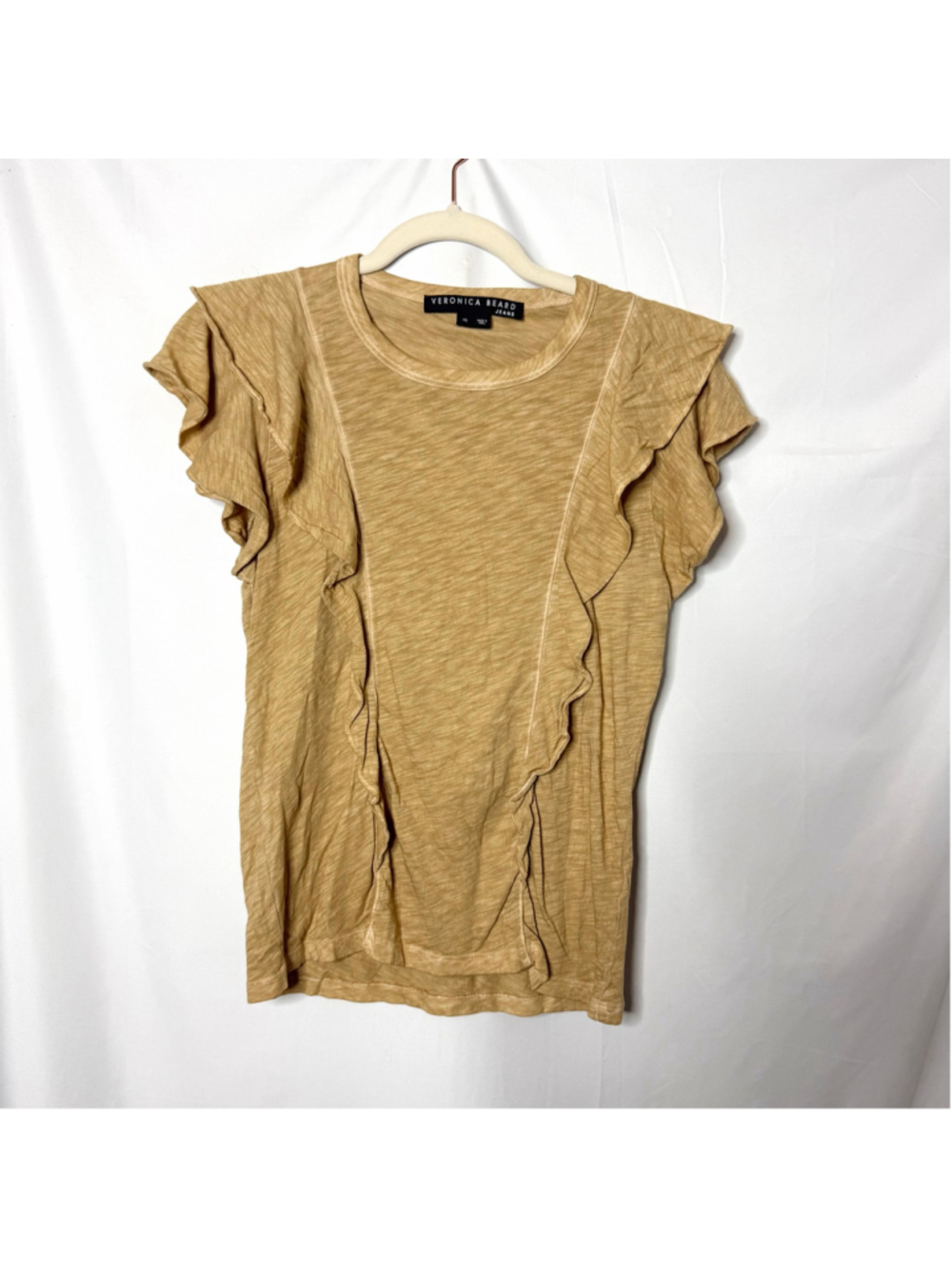 Veronica Beard Bea Ruffle Sleeve Pima Cotton Tee Tan Size XS